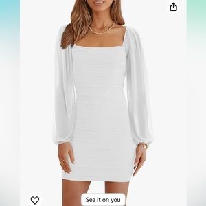 White mesh long sleeve square neck dress